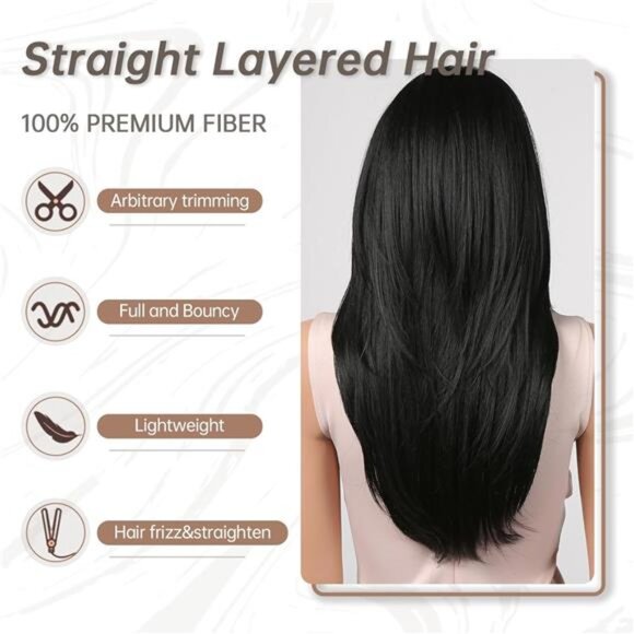 Long Black Wig with Bangs Straight Layered Wig for Women Natural Looking - Picture 5 of 7
